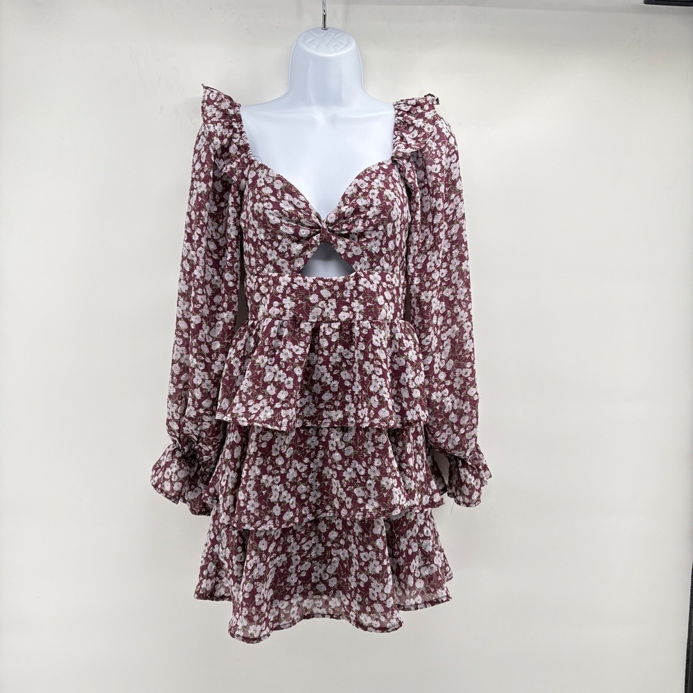 Altar'd State Floral Tiered Cutout Mini Dress Burgundy White XS 26EK55PJYP Boho